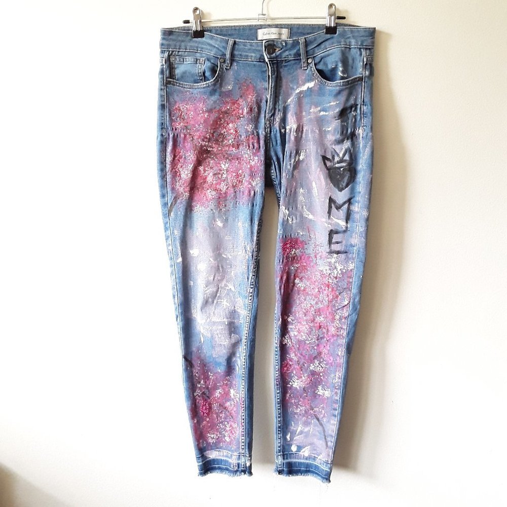 Rose Q cherry blossom print pink boho skinny jeans
